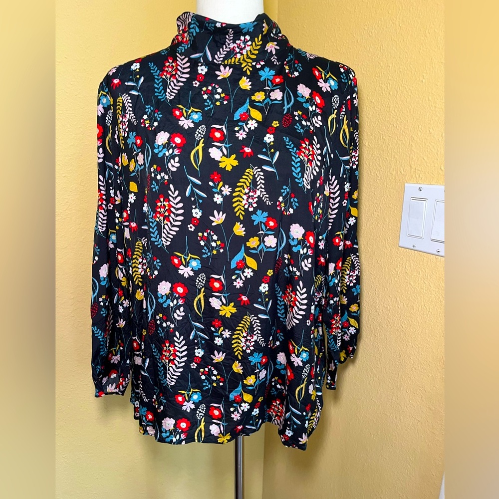 Boden Black Floral Mock-Neck Blouse with Multicolor Print
